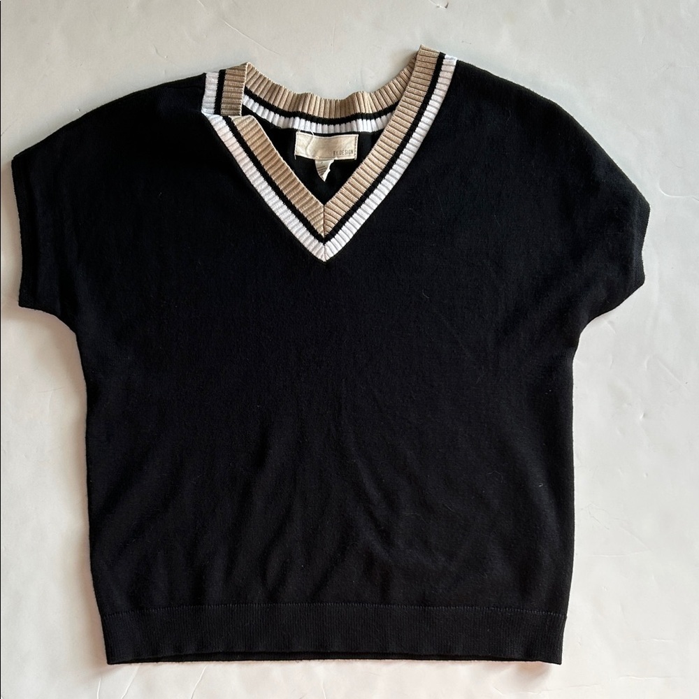 Nordstrom Black V-Neck Sweater with Cream and Tan Trim size S
